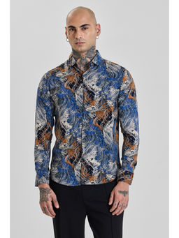 Snitch - Mens Dark Blue Abstract Full Sleeves Slim Casual Shirt