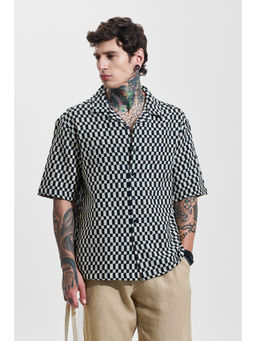 Snitch - Mens Black Self Design Half Sleeves Oversized Casual Shirt