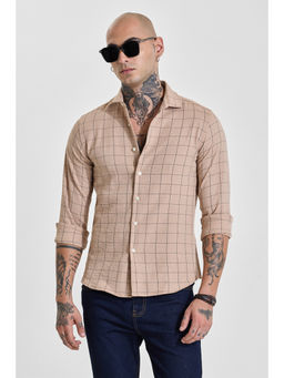 Snitch - Mens Beige Checks Full Sleeves Slim Casual Shirt