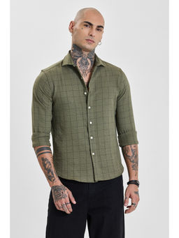 Snitch - Mens Olive Checks Full Sleeves Slim Casual Shirt