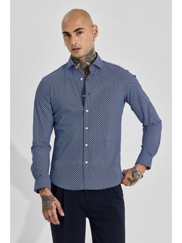 Snitch - Mens Dark Blue Printed Full Sleeves Slim Casual Shirt