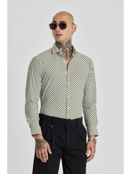 Snitch - Mens Olive Green Geometric Full Sleeves Slim Casual Shirt