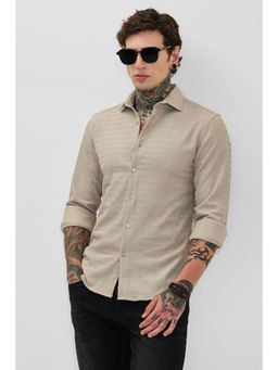 Snitch - Mens Light Beige Textured Full Sleeves Slim Casual Shirt
