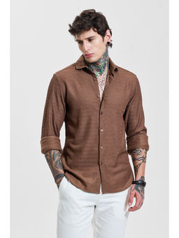 Snitch - Mens Brown Textured Full Sleeves Slim Casual Shirt