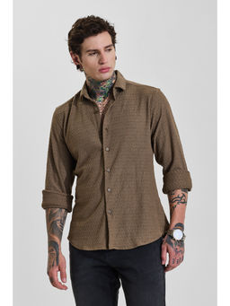 Snitch - Mens Brown Textured Full Sleeves Slim Casual Shirt