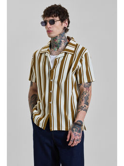 Snitch - Mens Mustard Stripes Half Sleeves Boxy Casual Shirt