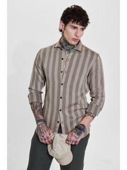 Snitch - Mens Beige Stripes Full Sleeves Slim Casual Shirt