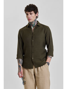 Snitch - Mens Olive Textured Full Sleeves Slim Casual Shirt