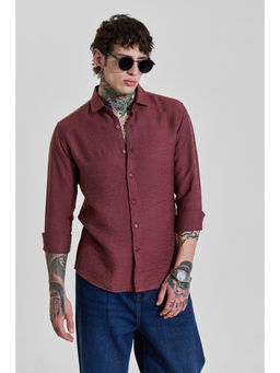 Snitch - Mens Burgundy Textured Full Sleeves Slim Casual Shirt