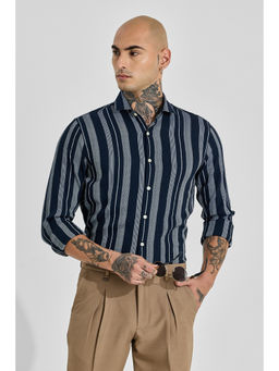 Snitch - Mens Navy Blue Stripes Full Sleeves Slim Casual Shirt