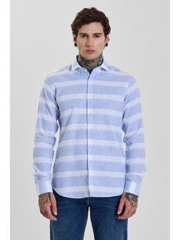 Snitch - Mens Blue Stripes Full Sleeves Slim Casual Shirt