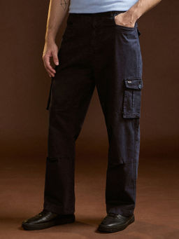 The Bear House - Mens Straight Fit Navy Blue Cotton Solid Casual Cargo Pant
