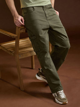 The Bear House - Mens Straight Fit Olive Cotton Solid Casual Cargo Pant