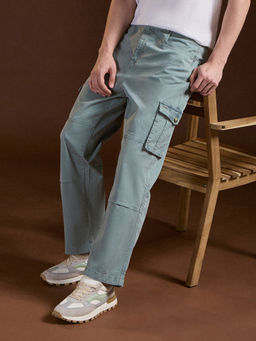 The Bear House - Mens Light Blue Straight Fit Solid Cotton Cargo Pant