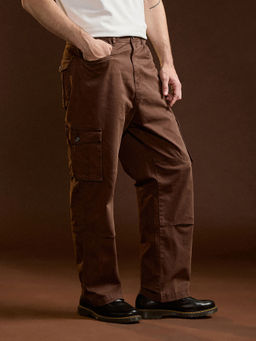 The Bear House - Mens Straight Fit Dark Brown Cotton Solid Casual Cargo Pant