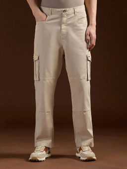 The Bear House - Mens Beige Straight Fit Solid Cotton Cargo Pant