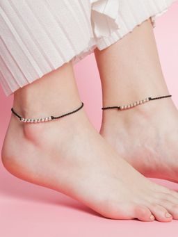 Zavya - Beads Line Rhodium Plated 925 Sterling Silver Thread Anklet Pair