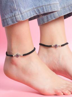 Zavya - Floral Rhodium Plated Purple Cz 925 Sterling Silver Thread Anklet Pair