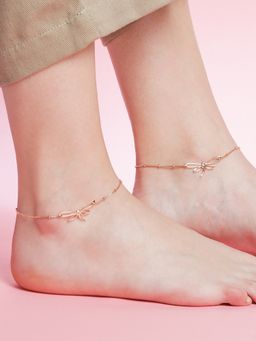 Zavya - Dragonfly Rose Gold Plated 925 Sterling Silver Chain Anklet With Beads Pair