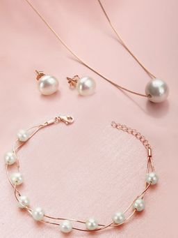 Zavya - Rose Gold Plated Pearl 925 Pure Silver Jewellery Set Trio With Rose Gold Chain