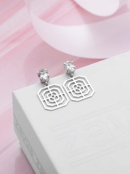 Zavya - Solitaire Geometric Rhodium Plated 925 Sterling Silver Drop Earrings