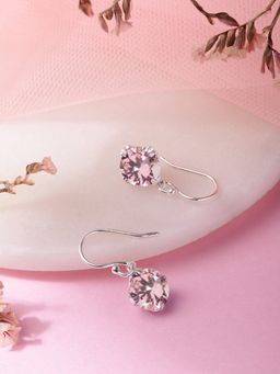 Zavya - Blushing Petals: Rhodium-Plated Silver Dangle Earrings With Pink Cubic Zirconia