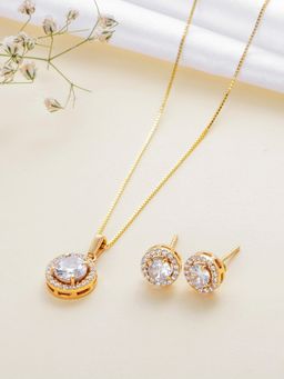 Zavya - Solitaire Halo Cz Gold Plated 925 Sterling Silver Necklace With Earrrings