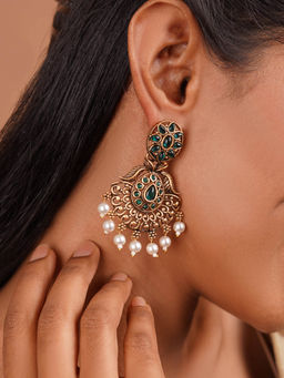 Teejh - Vikasini Dark Green Gold Enamel Earrings