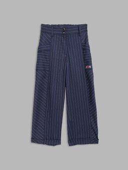 Blue Giraffe - Girls Navy Blue Striped Loose Fit Mid-Rise Flat-Front Trouser