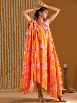 Gajra Gang - Bageecha Orange Floral Printed One Shoulder Tunic
