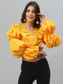 KASSUALLY - Casual Solid Women Yellow Crop Top