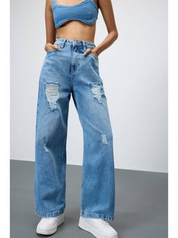 FREAKINS - Tempest Blue Mid Distressed Wide Cut Denim Jeans