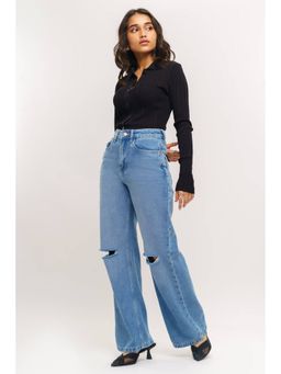 FREAKINS - Blue Faded Distressed Wide Jeans