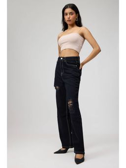 FREAKINS - Black High Rise Distressed Straight Leg Jeans