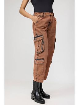 FREAKINS - Brown Washed Cropped Cargo Jeans