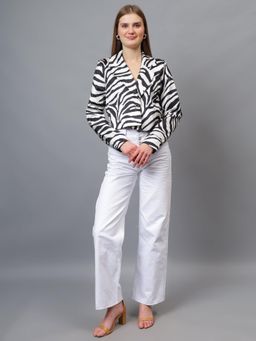 GAIIA - White and Black Satin Animal Print Crop Blazer