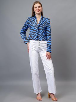 GAIIA - Blue and Black Satin Animal Print Crop Blazer