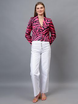 GAIIA - Pink and Black Satin Animal Print Crop Blazer