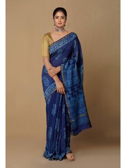 Unnati Silks - Navy Blue Pure Chanderi Cotton Saree with Unstitched Blouse