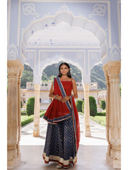 Geroo Jaipur - Indigo Red Pure Cotton Hand Block Printed Kurti & Skirt with Dupatta (Set of 3)