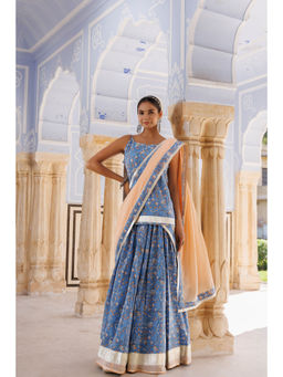 Geroo Jaipur - Light Blue Peach Pure Cotton Printed Kurti & Skirt with Dupatta (Set of 3)