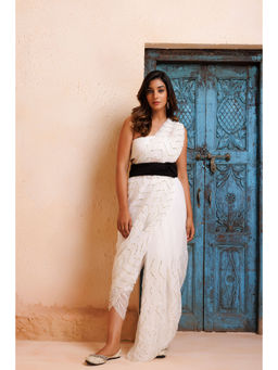 Geroo Jaipur - White Chiffon Hand Embroidered Gota Saree with Unstitched Blouse