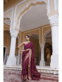 Geroo Luxe - Wine Silk Banarasi Saree with Unstitched Blouse