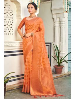 Sangam Prints - Peach & Gold Organza Woven Zari Work Traditional Tassel Saree with Unstitched Blouse