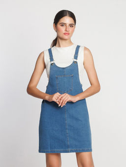 Zink London - Womens Blue Solid Denim Dungaree Dress