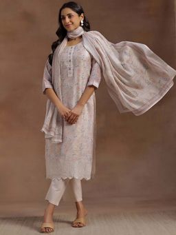 Libas - Women Pink Chanderi Silk Floral Anarkali Kurta with Pant and Dupatta (Set of 3)