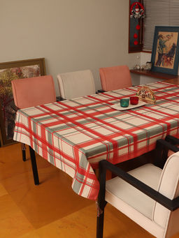 Zeba World - Table Cover With Tassels Cotton Blend Plaid Checks Red White