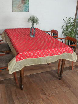 Zeba World - Table Cover Motif With Self Textured Brocade Silk & Border Patchwork Red & Gold