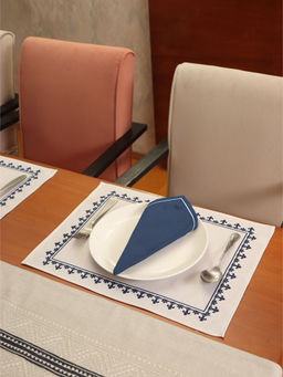 Zeba World - ZEBA Printed Tablemats And Napkins Set Cotton Blend - White And Blue