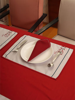Zeba World - ZEBA Floral Embroidered Tablemats And Napkins Cotton - Red And White